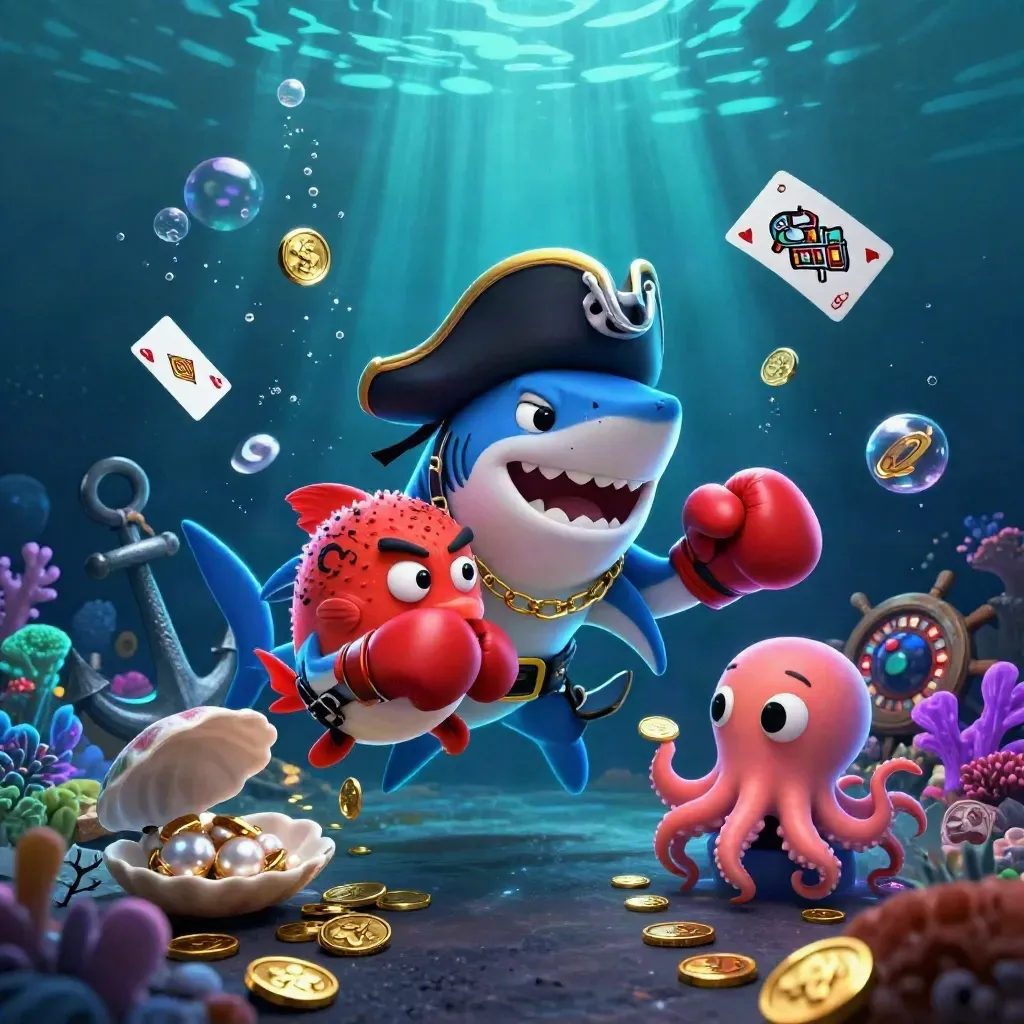 Pirate shark, boxing pufferfish, and juggling octopus in a glowing treasure cove underwater.