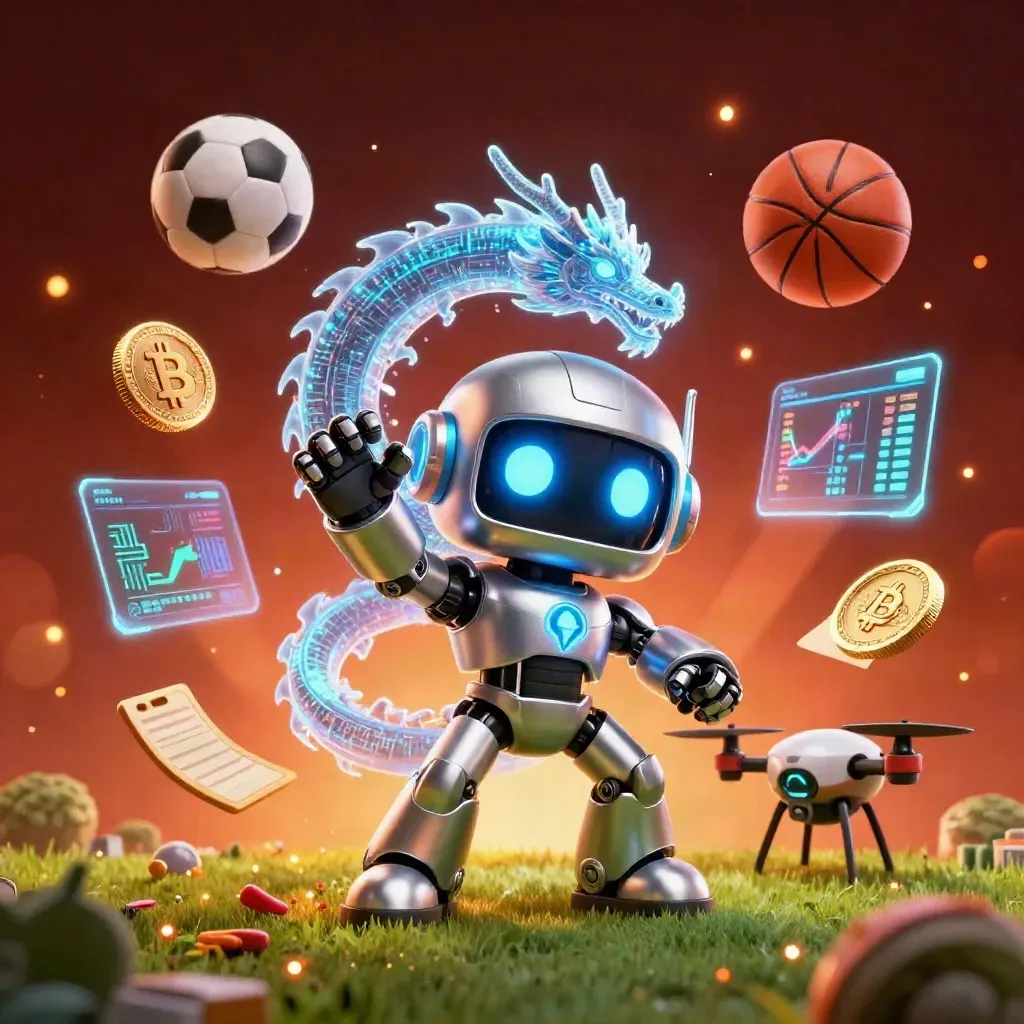 Cyberpunk robot mascot and holographic dragon amid coins, balls, and neon arena effects.