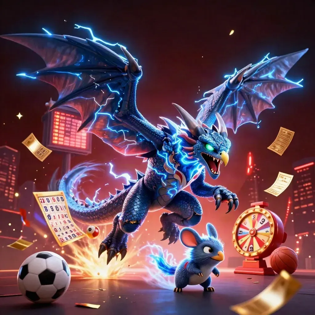 Thunder dragon, wind hawk and electric mouse amid casino tokens, sports balls and blue lightning
