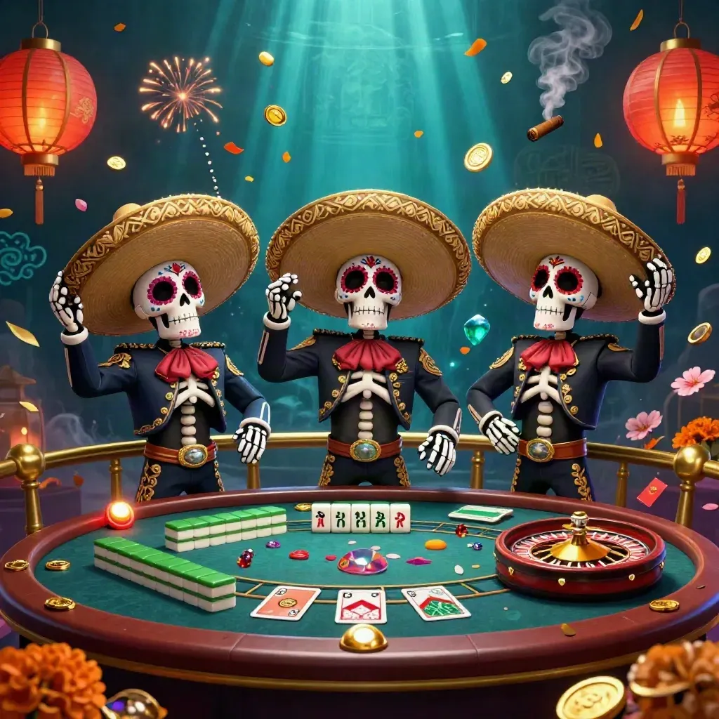 Day-of-the-Dead skeleton mariachi trio in a luxury neon casino with lanterns, coins, and blue glow
