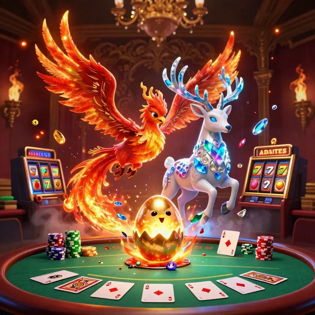 Phoenix, hatchling and crystal stag amid poker chips, aces and blue casino magic.