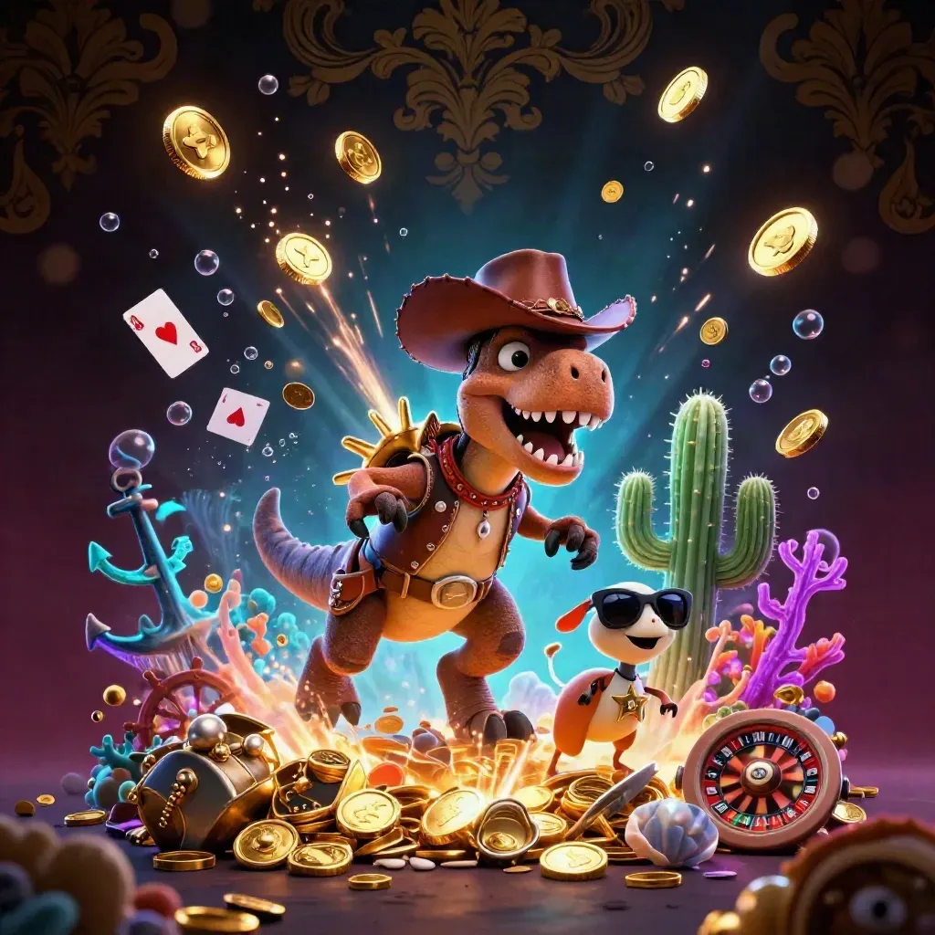 Cowboy T-Rex, cactus sidekick and roadrunner amid treasure, coins, coral, and casino lights.