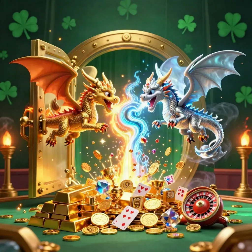 Twin gold and silver dragons unleash fire and ice around a bursting treasure vault.