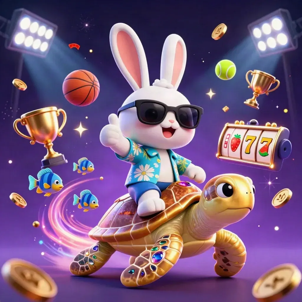 Rabbit on a golden turtle amid coins, sports balls, fireworks, and neon casino effects.