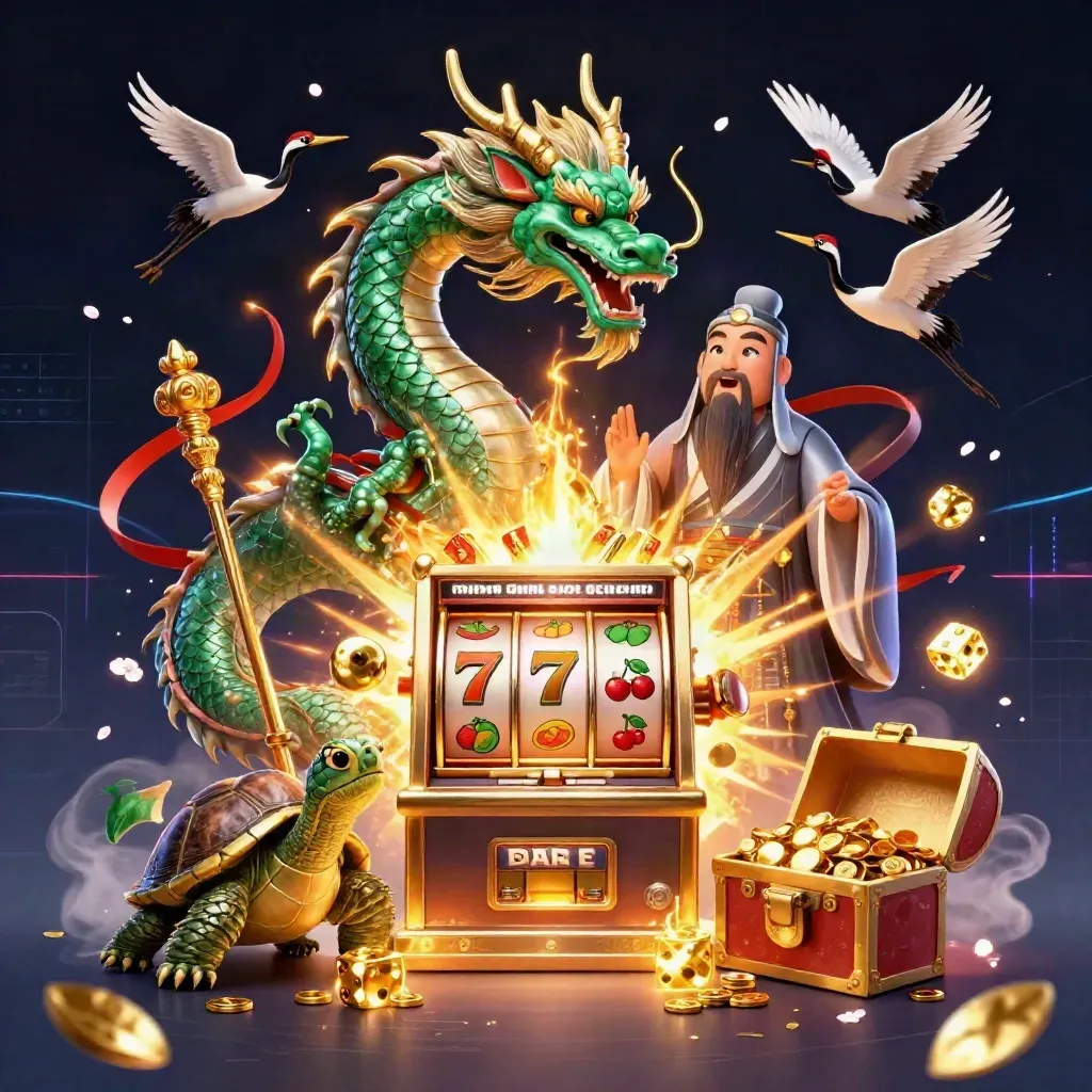 Jade dragon, turtle sage, and cranes amid slot reels, gold bursts, and neon casino effects.